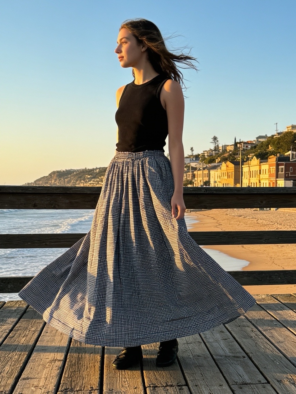 INDUSTRY Gingham Black And White Pull On Maxi Skirt Cotton Size M
